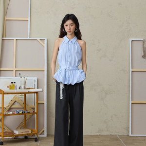 Striped Hanging Neck Sleeveless Turn-down Collar Button Top With Belt