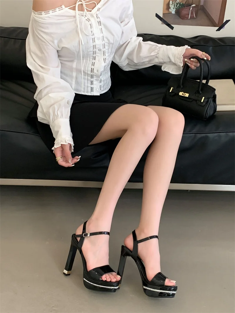 Stripper Rhinestone Platform Patent Leather Stiletto Open Toe High Heels Sandals