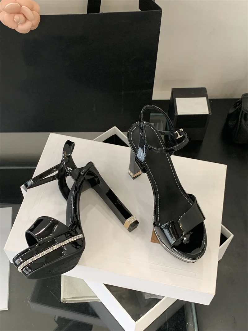 Stripper Rhinestone Platform Patent Leather Stiletto Open Toe High Heels Sandals - Image 3