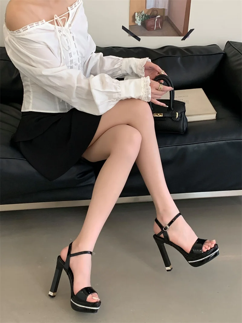 Stripper Rhinestone Platform Patent Leather Stiletto Open Toe High Heels Sandals - Image 2