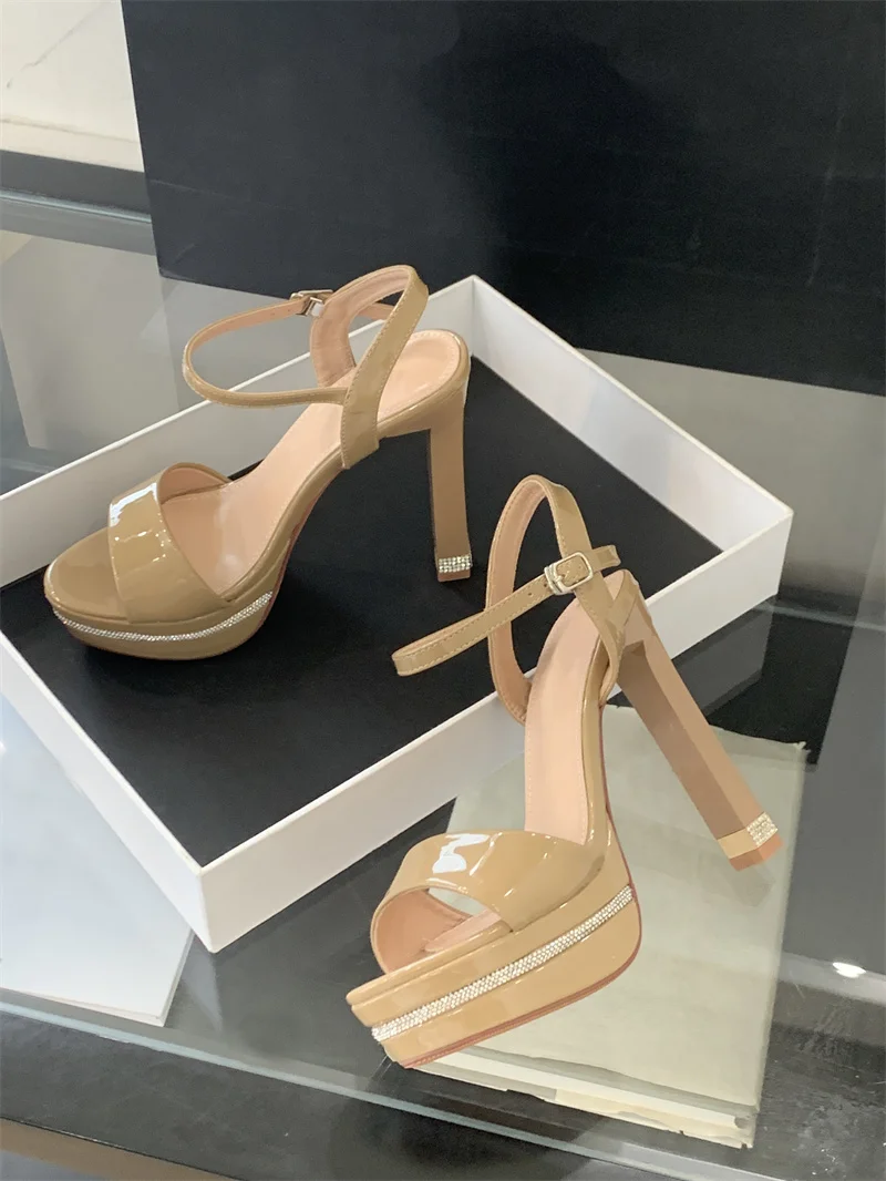 Stripper Rhinestone Platform Patent Leather Stiletto Open Toe High Heels Sandals - Image 9
