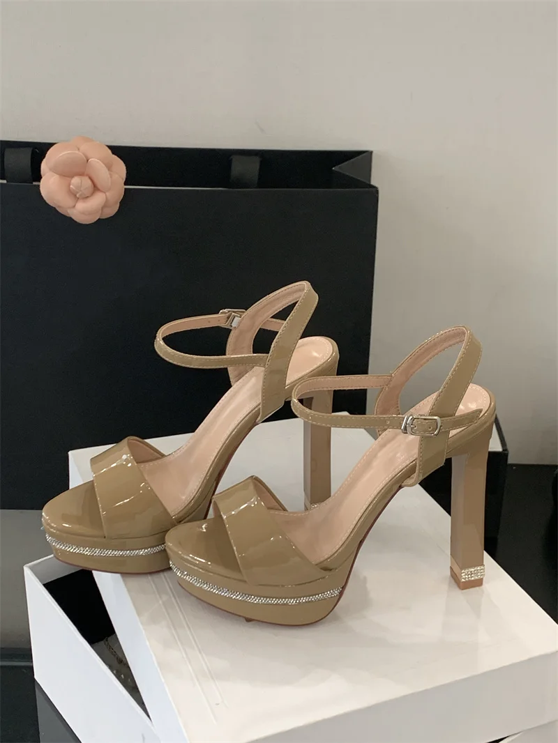 Stripper Rhinestone Platform Patent Leather Stiletto Open Toe High Heels Sandals - Image 8