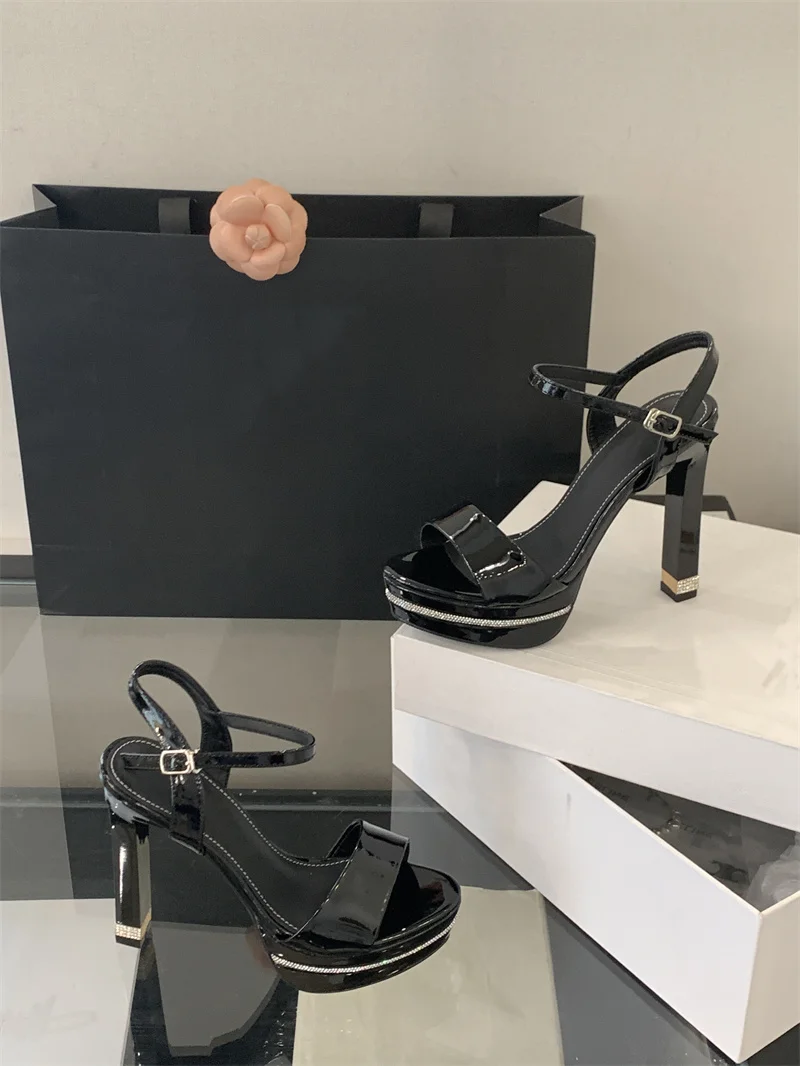 Stripper Rhinestone Platform Patent Leather Stiletto Open Toe High Heels Sandals - Image 4