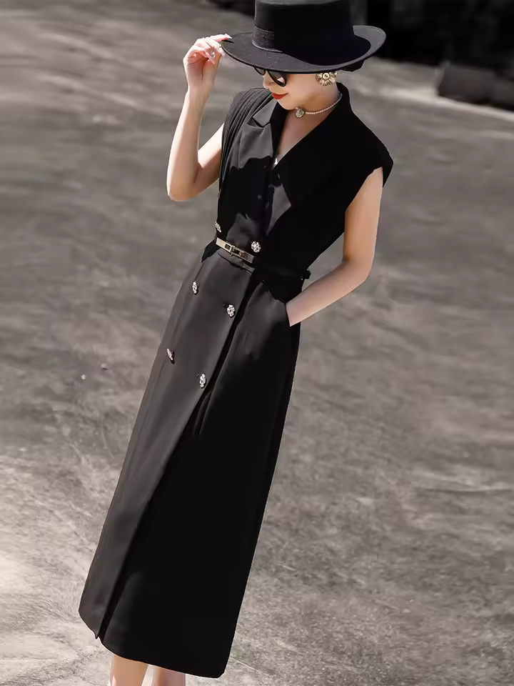 Suit Collar Design Temperament Pleated Sleeveless Blazer Dress - Image 5