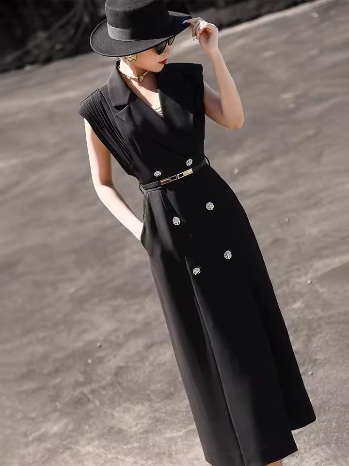 Suit Collar Design Temperament Pleated Sleeveless Blazer Dress - Image 4