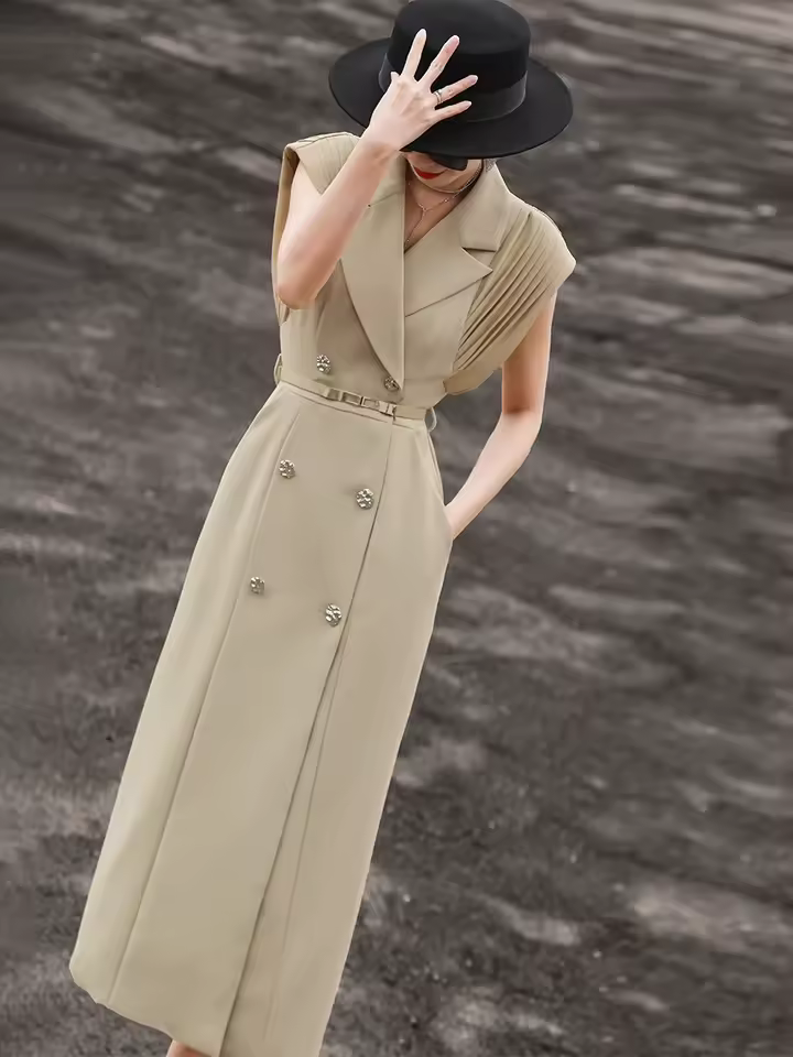 Suit Collar Design Temperament Pleated Sleeveless Blazer Dress - Image 3