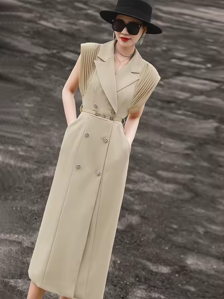 Suit Collar Design Temperament Pleated Sleeveless Blazer Dress