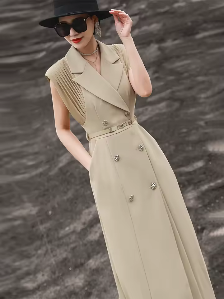 Suit Collar Design Temperament Pleated Sleeveless Blazer Dress - Image 2