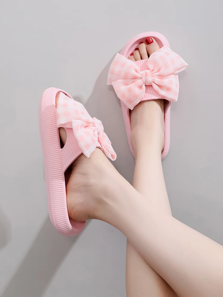 Sweet Flower Bow Thick Platform Indoor Bathroom Flip Flops Cloud Slippers