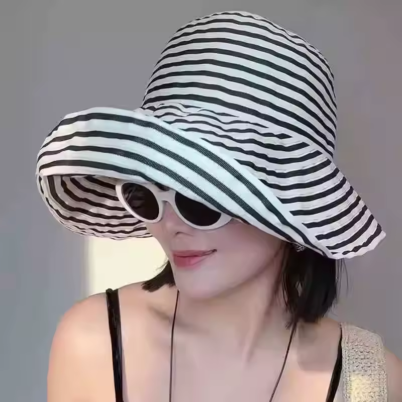 Casual Foldable Striped Wide Big Brim Outdoor Travel Polyester Sunhat
