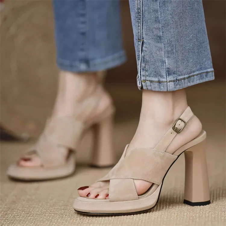 Elegant Square Heel Thick Open Toe One-Button High Heels Pumps - Image 5
