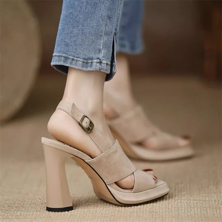 Elegant Square Heel Thick Open Toe One-Button High Heels Pumps - Image 4
