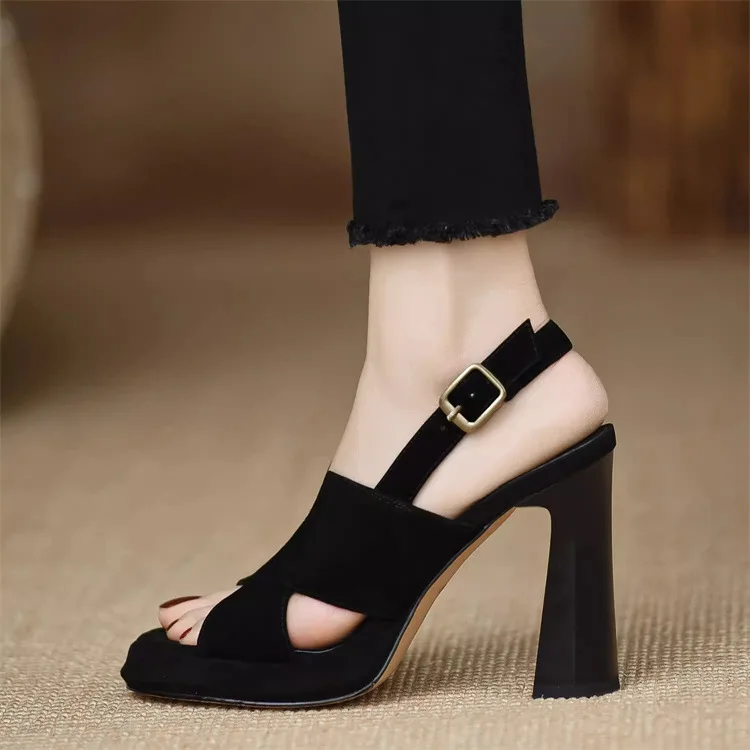 Elegant Square Heel Thick Open Toe One-Button High Heels Pumps - Image 3