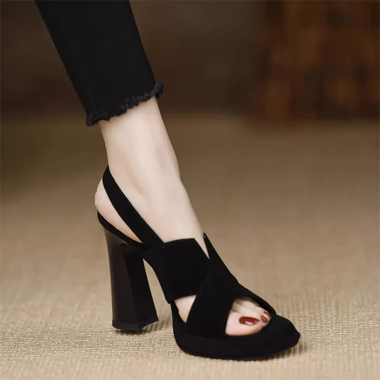 Elegant Square Heel Thick Open Toe One-Button High Heels Pumps