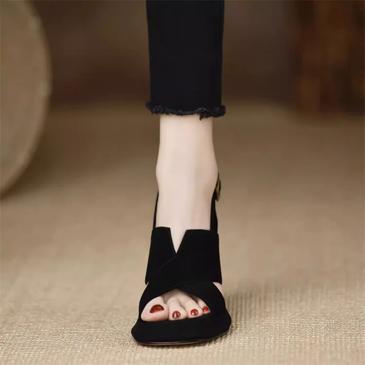 Elegant Square Heel Thick Open Toe One-Button High Heels Pumps - Image 2