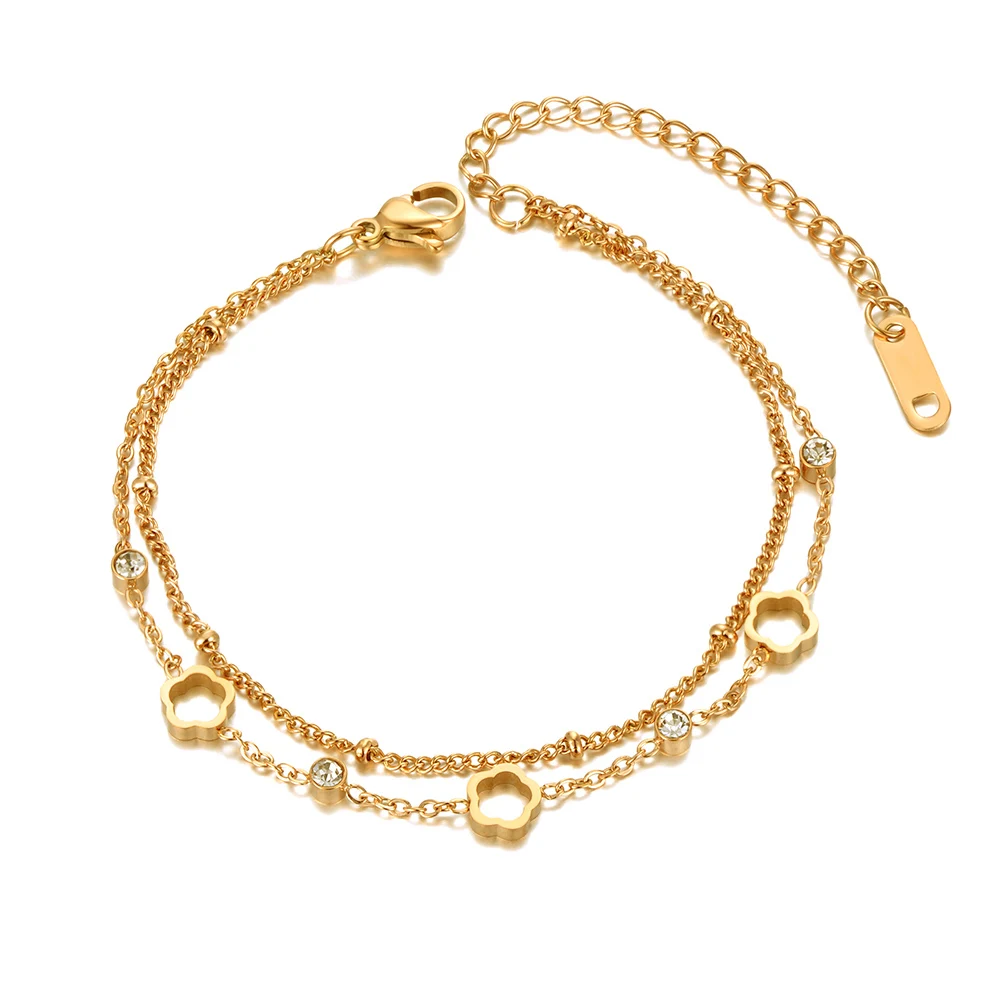 Trendy Bohemia Stainless Steel Double-layer Crystal Flower Chain Charm Bracelets - Image 6