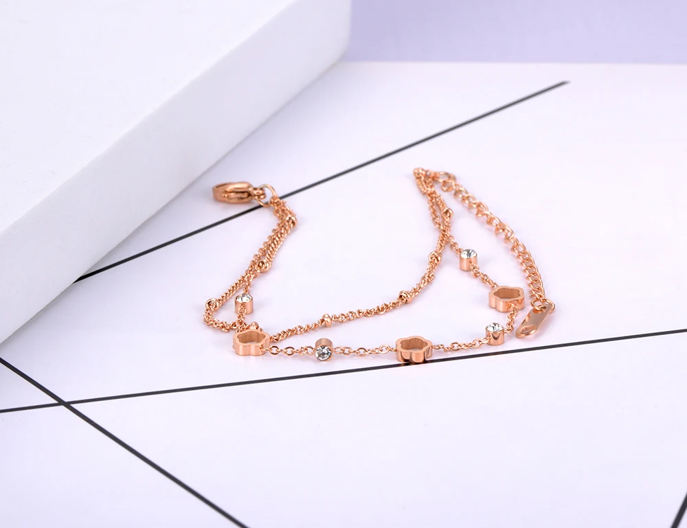 Trendy Bohemia Stainless Steel Double-layer Crystal Flower Chain Charm Bracelets - Image 5