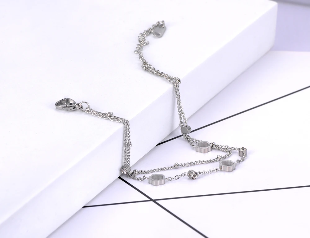 Trendy Bohemia Stainless Steel Double-layer Crystal Flower Chain Charm Bracelets - Image 4