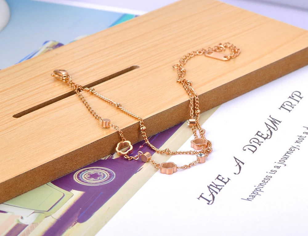 Trendy Bohemia Stainless Steel Double-layer Crystal Flower Chain Charm Bracelets - Image 3