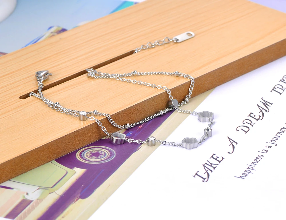 Trendy Bohemia Stainless Steel Double-layer Crystal Flower Chain Charm Bracelets - Image 2