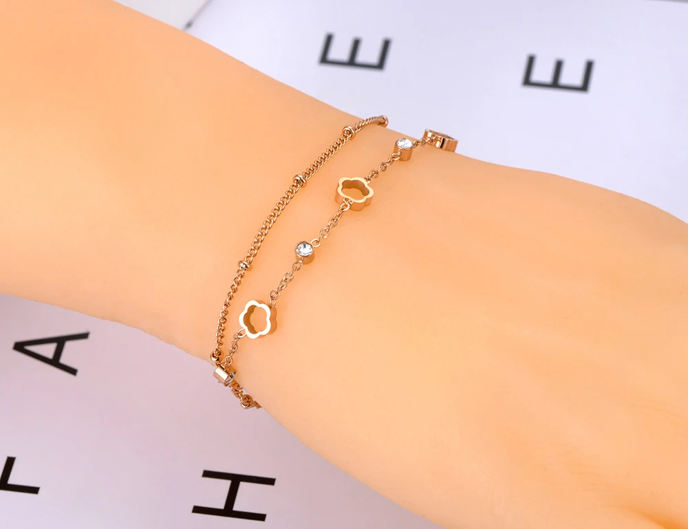 Trendy Bohemia Stainless Steel Double-layer Crystal Flower Chain Charm Bracelets