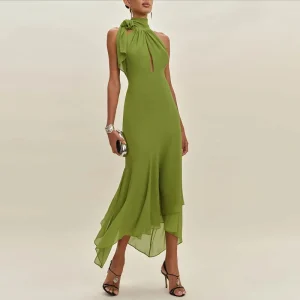 Trendy Elegant Tie-up Ruffle Irregular Pure Slim Fit Long Dress