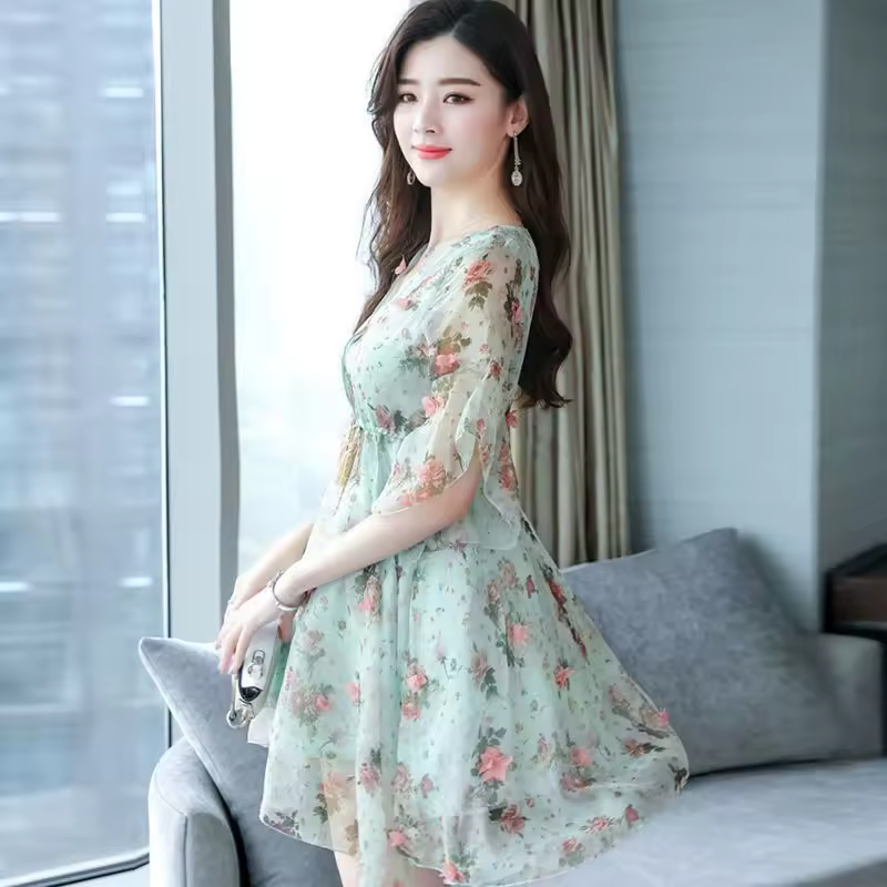 Trendy Floral V-neck Half-sleeved Ruffle Chiffon Dress - Image 2