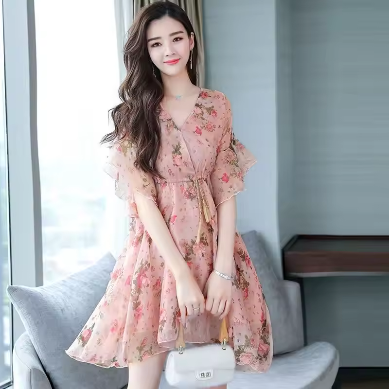 Trendy Floral V-neck Half-sleeved Ruffle Chiffon Dress - Image 4