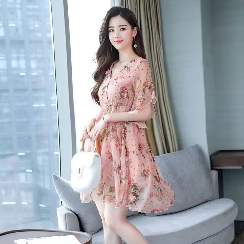 Trendy Floral V-neck Half-sleeved Ruffle Chiffon Dress - Image 5