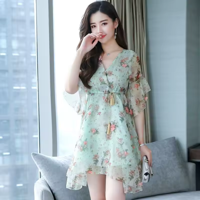 Trendy Floral V-neck Half-sleeved Ruffle Chiffon Dress