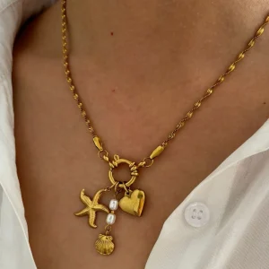 Trendy Imitation Pearl Flat Snake Chain Stainless Steel Chunky Heart Starfish Shell Pendant Necklace