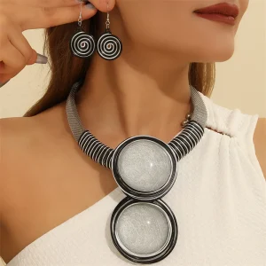 Trendy Round Geometry Aluminium Wire Necklace Earrings Jewelry Set