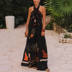 Two Piece Set for Halter Sleeveless Top High Waist Temperament Pant Set