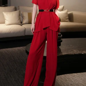 V Neck Short Sleeve Spliced Belt Coat High Waist Pant Sets