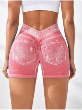 V Back Faux Jeans Elastic Workout Sports Yoga Butt Lifting Fitness Athletic Short - Image 4