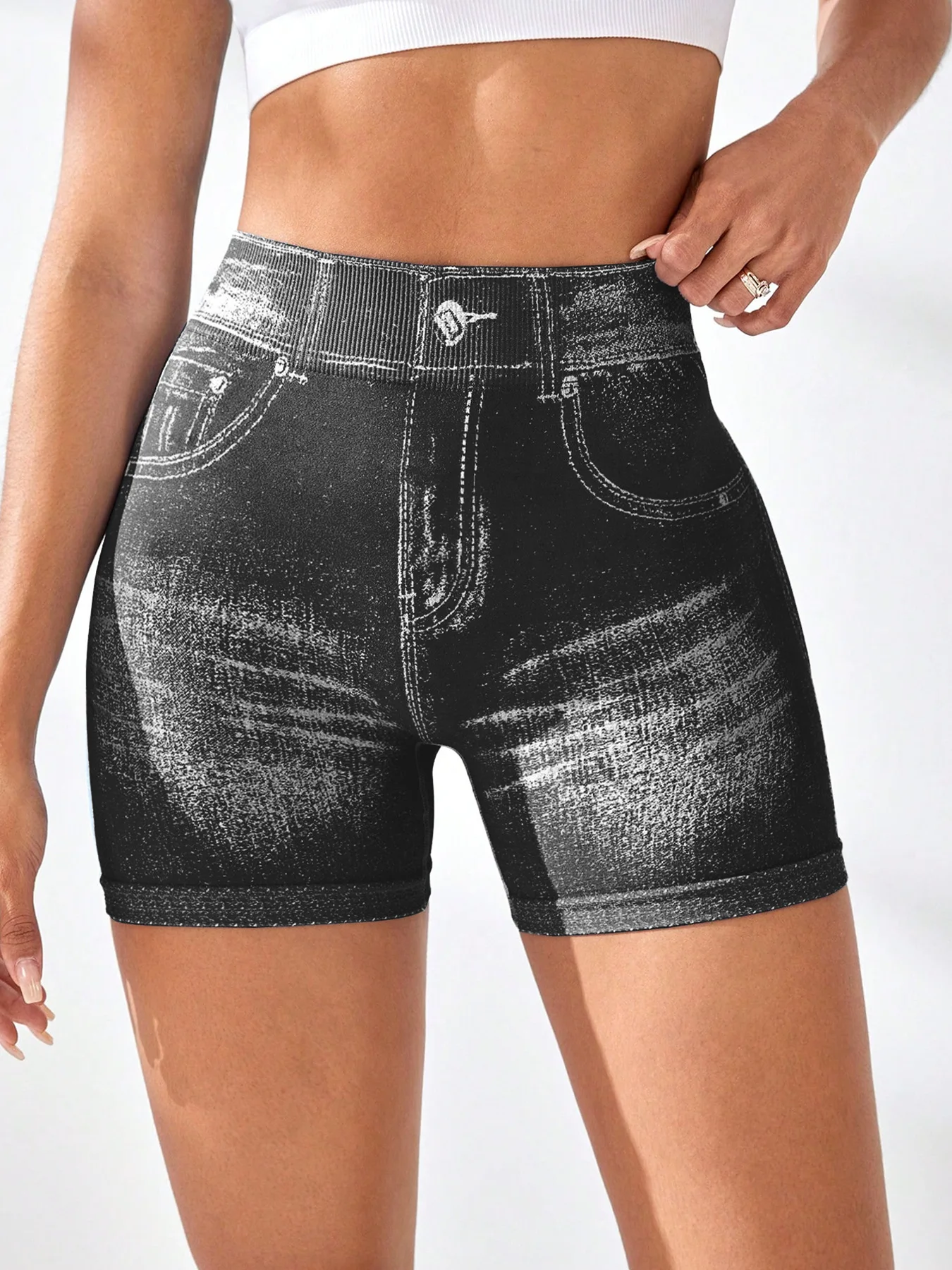 V Back Faux Jeans Elastic Workout Sports Yoga Butt Lifting Fitness Athletic Short