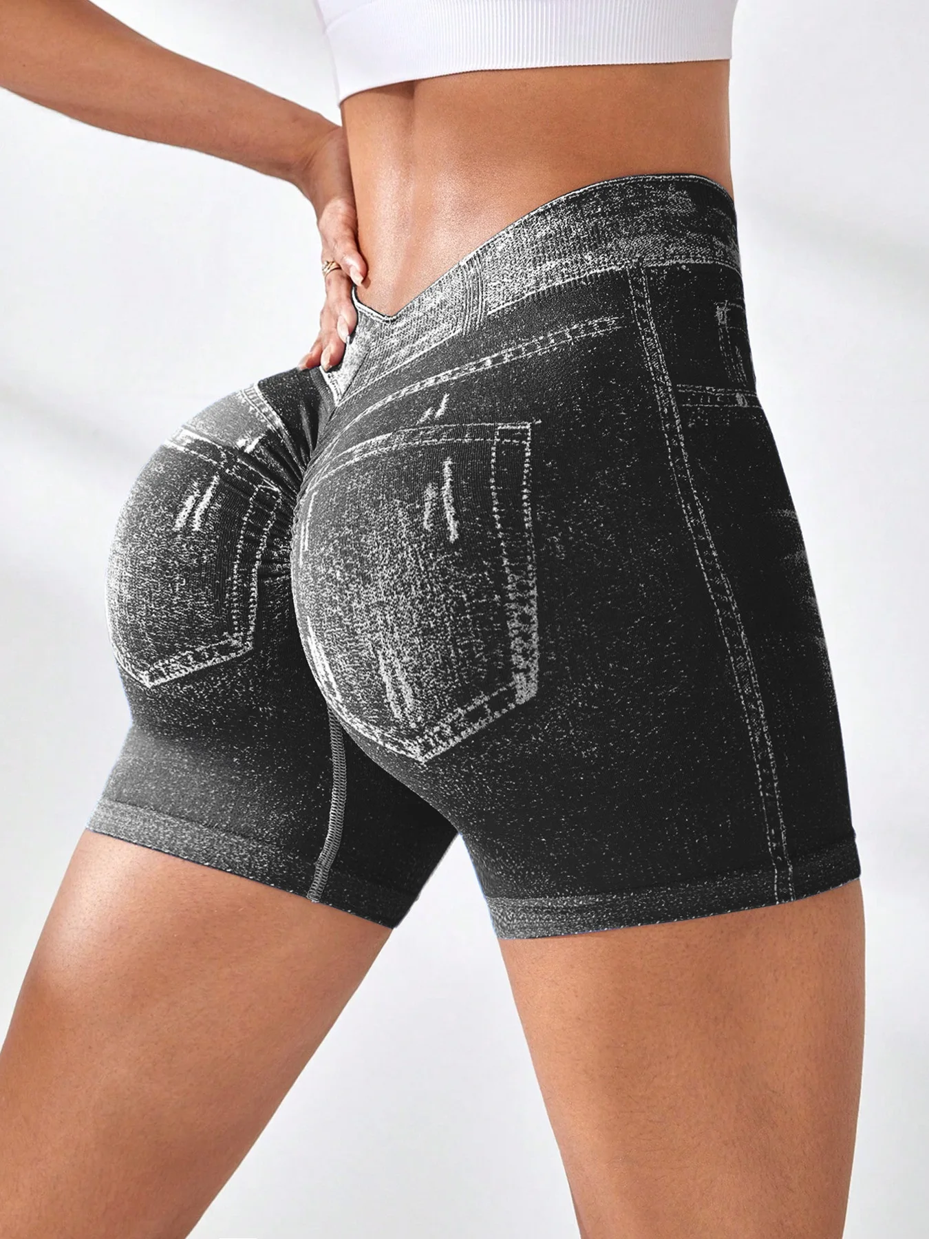 V Back Faux Jeans Elastic Workout Sports Yoga Butt Lifting Fitness Athletic Short - Image 2