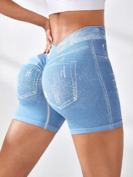 V Back Faux Jeans Elastic Workout Sports Yoga Butt Lifting Fitness Athletic Short - Image 7