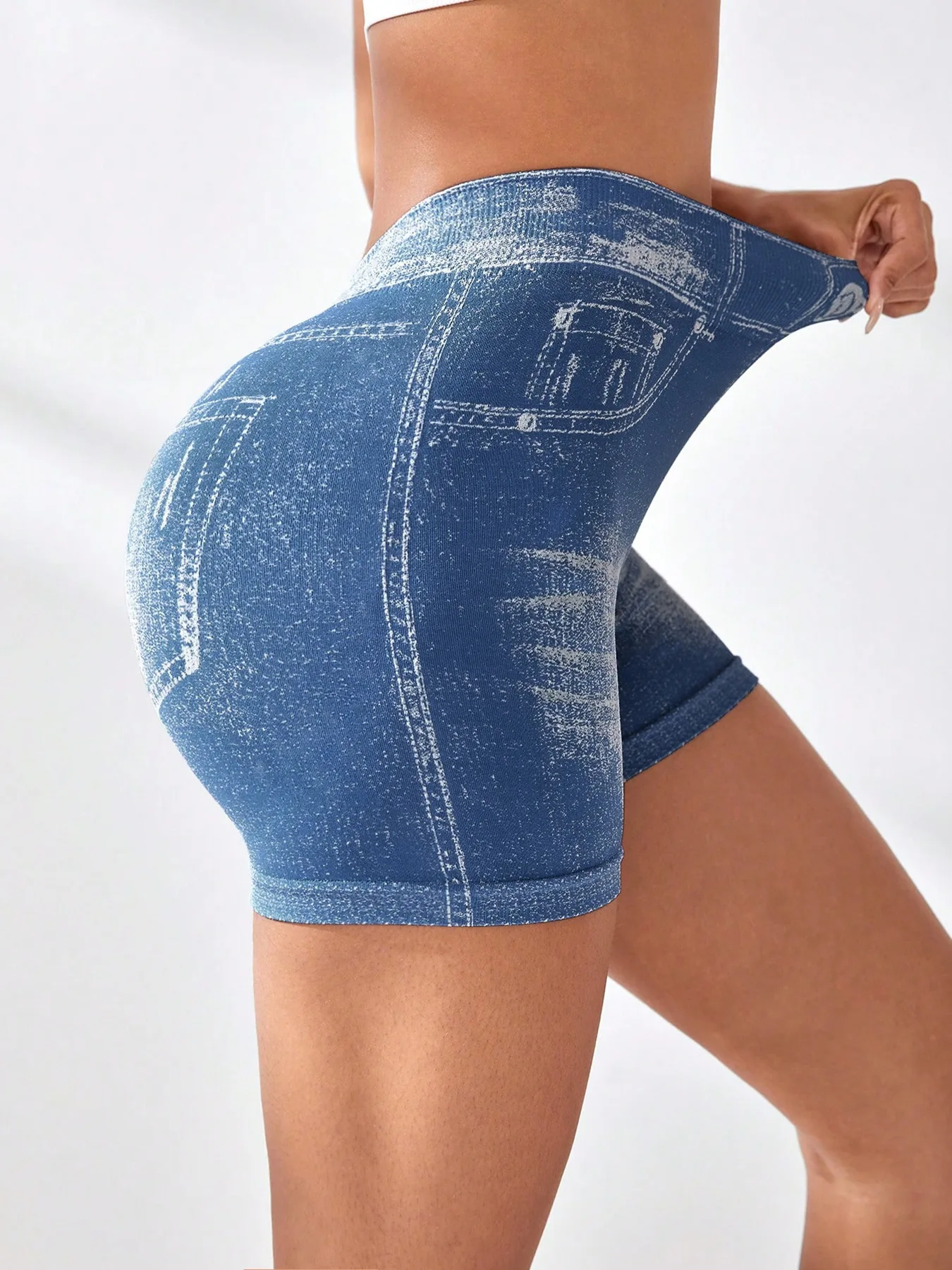 V Back Faux Jeans Elastic Workout Sports Yoga Butt Lifting Fitness Athletic Short - Image 9