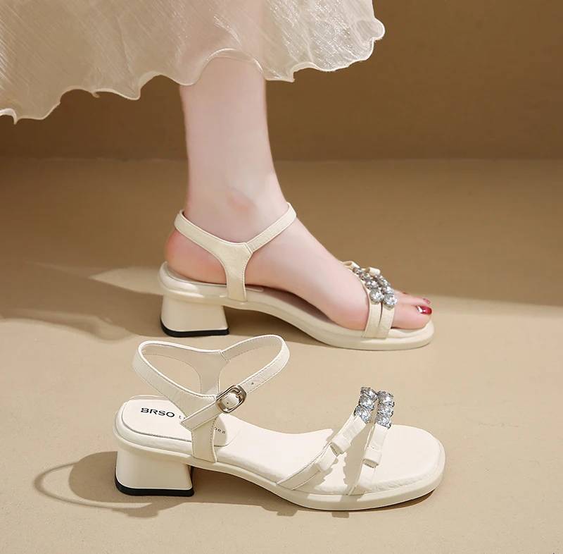 Crystal Narrow Band Back Strap Outdoor Thick Heel Sandals - Image 12
