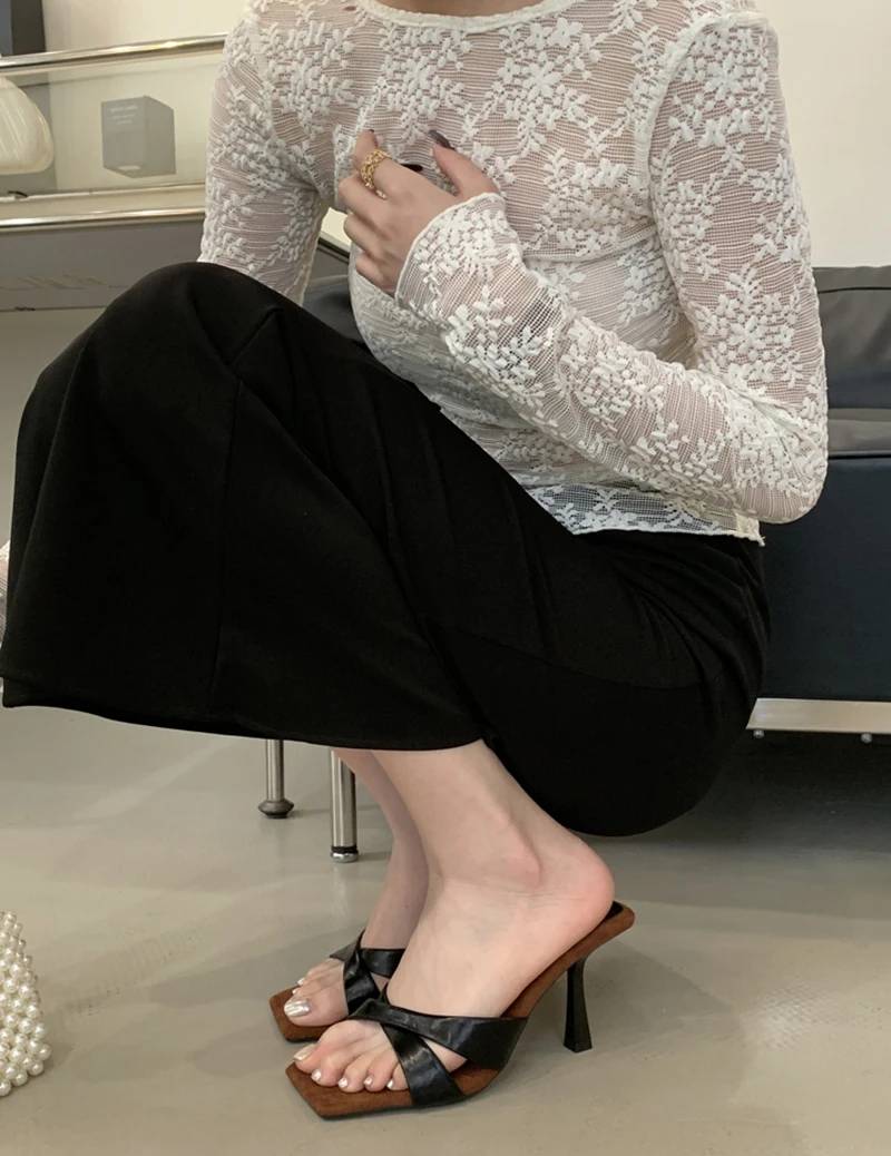 Elegant Retro Style Rubber Square Toe Slip On High Heel Sandals - Image 6