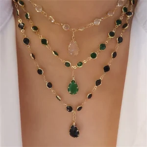 Vintage Boho French Punk Geometric Crystal Chain Water Droplet Pendant Necklace