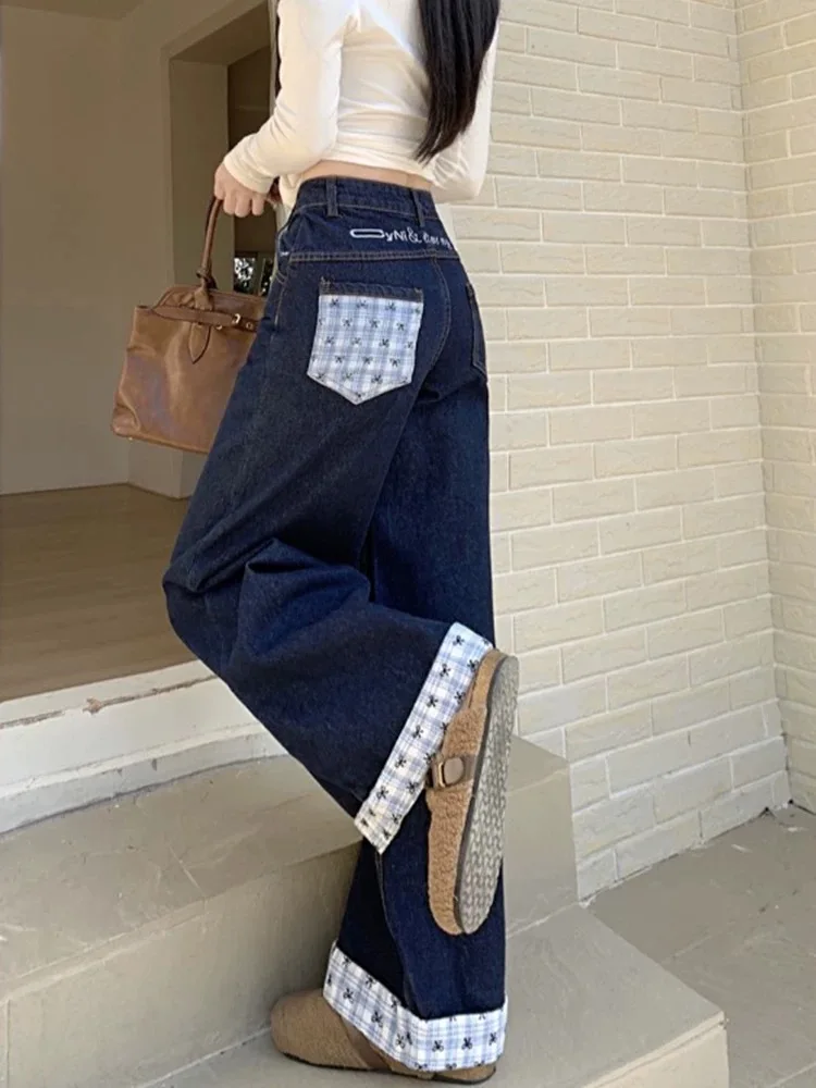 Vintage Casual Plaid Patchwork Denim Street Retro High Waist Sweet Bow Print Pants - Image 4