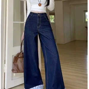 Vintage Casual Plaid Patchwork Denim Street Retro High Waist Sweet Bow Print Pants