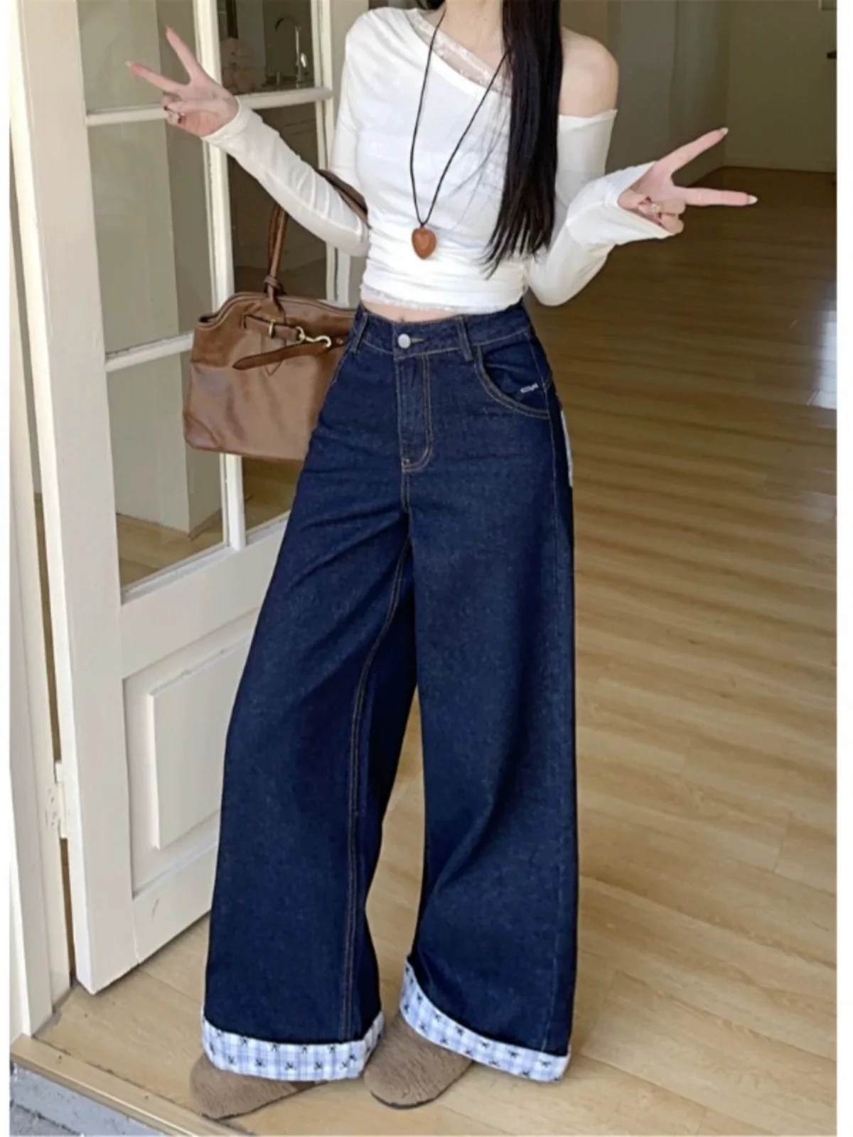 Vintage Casual Plaid Patchwork Denim Street Retro High Waist Sweet Bow Print Pants - Image 2