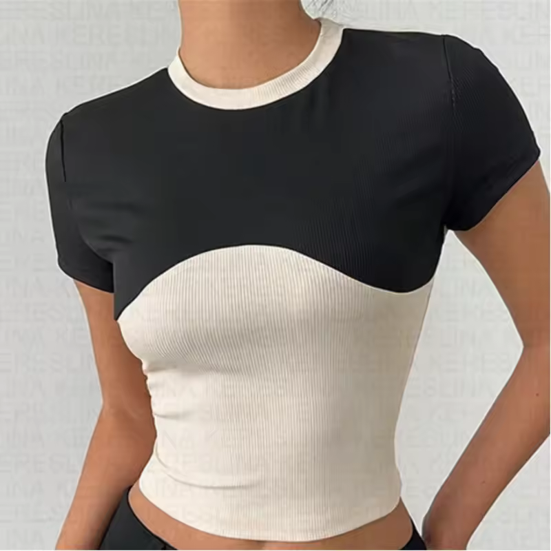 Vintage Colour Block Short Sleeve Gothic Street Round Neck Drawstring Top