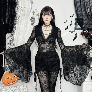 Vintage Dark Goth Lace Coquette See Through Beaded V-neck Flare Sleeve Crop Top