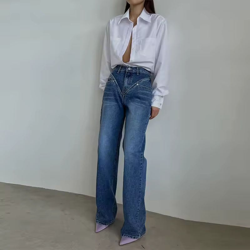 Vintage Denim High Waist Long Classic Versatile Patchwork Straight Trousers