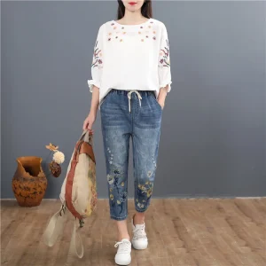 Vintage Embroidery Casual Floral Denim Trousers Ripped Harem Jeans