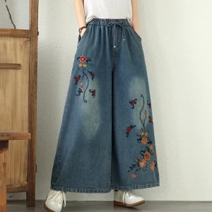 Vintage Embroidery Elastic Waist Thin Denim Wide Leg Pants